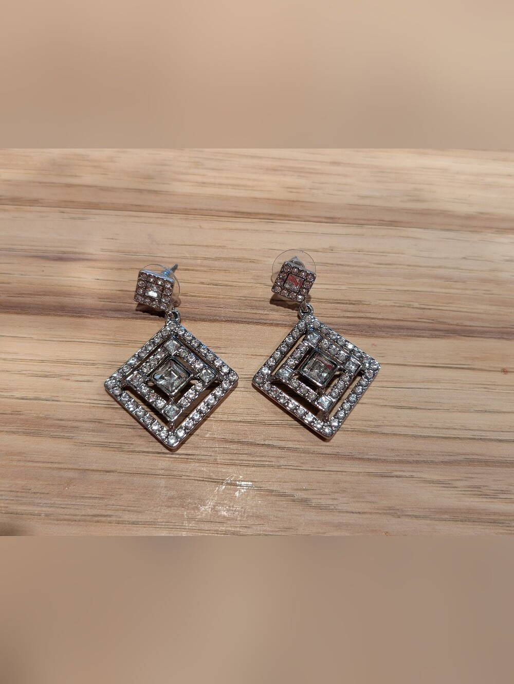 Source Unknown Silver-Tone Rhinestone Square Drop Earrings